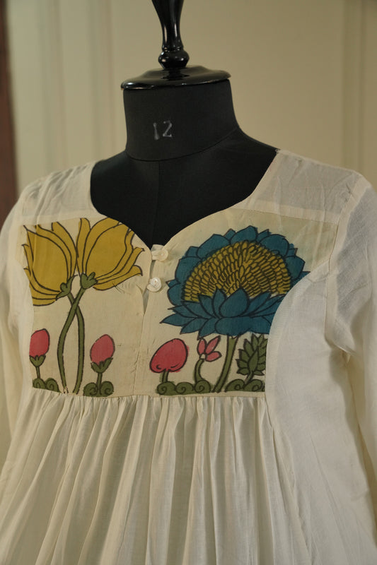 Pure Mull Cotton Kalamkari Yoke Dress – Off-White, Double Layered.