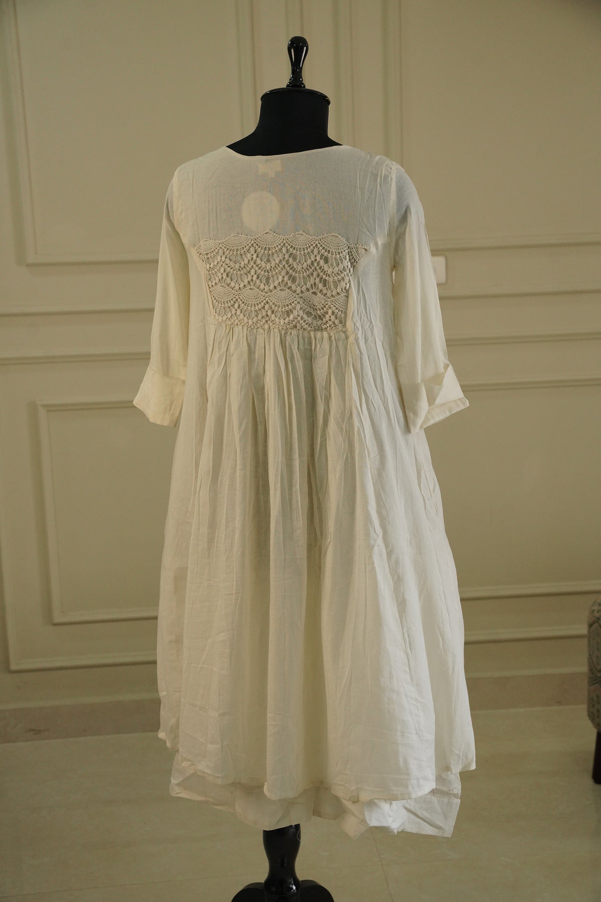 Pure Mull Cotton Kalamkari Yoke Dress – Off-White, Double Layered.