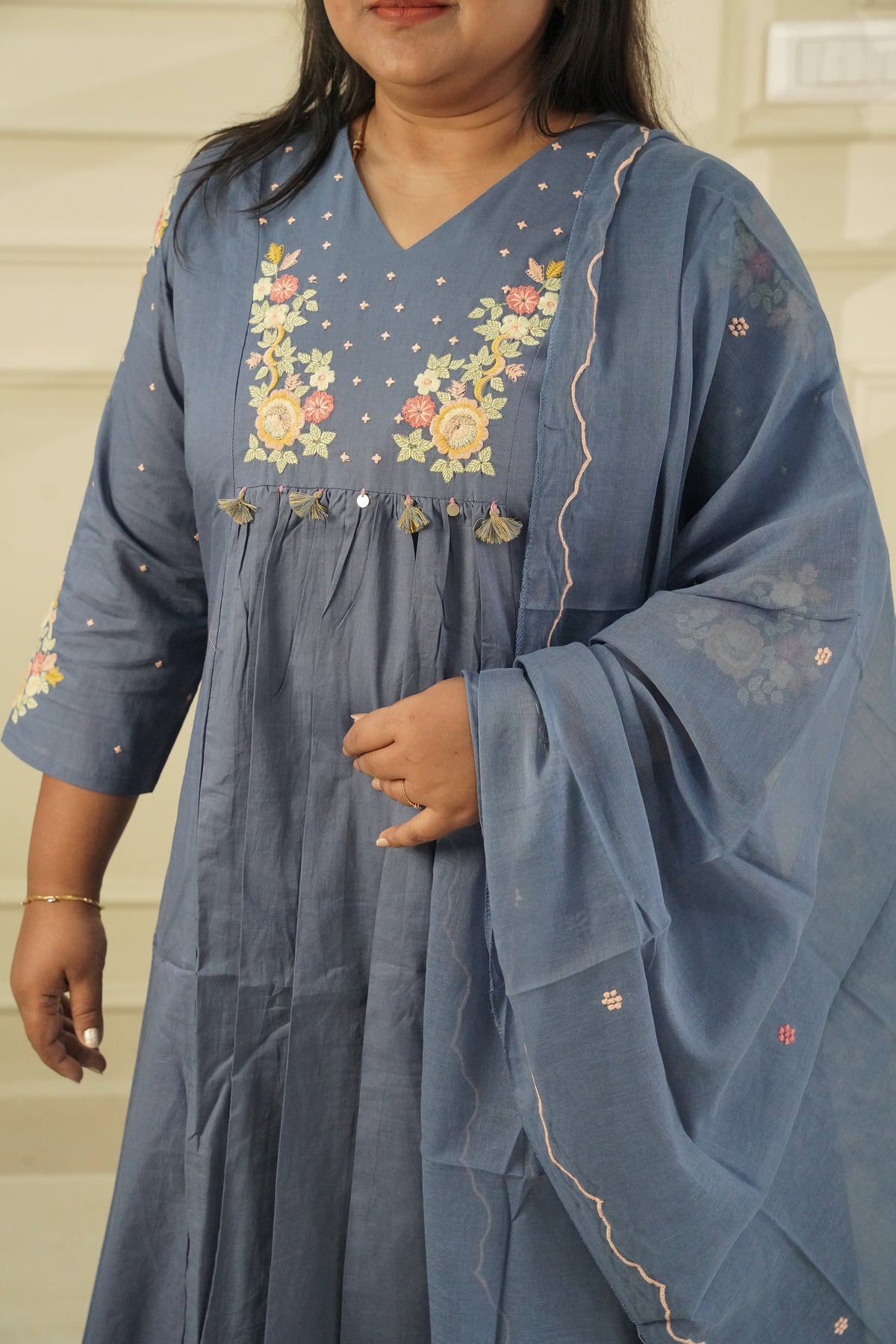 Powder Blue Embroidered Pure Cotton Kurta Set with Dupatta | 3-Piece Salwar Suit