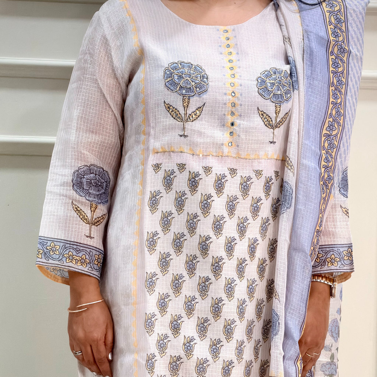 Ivory Kota Cotton Suit Set with Mirror Work & Floral Print