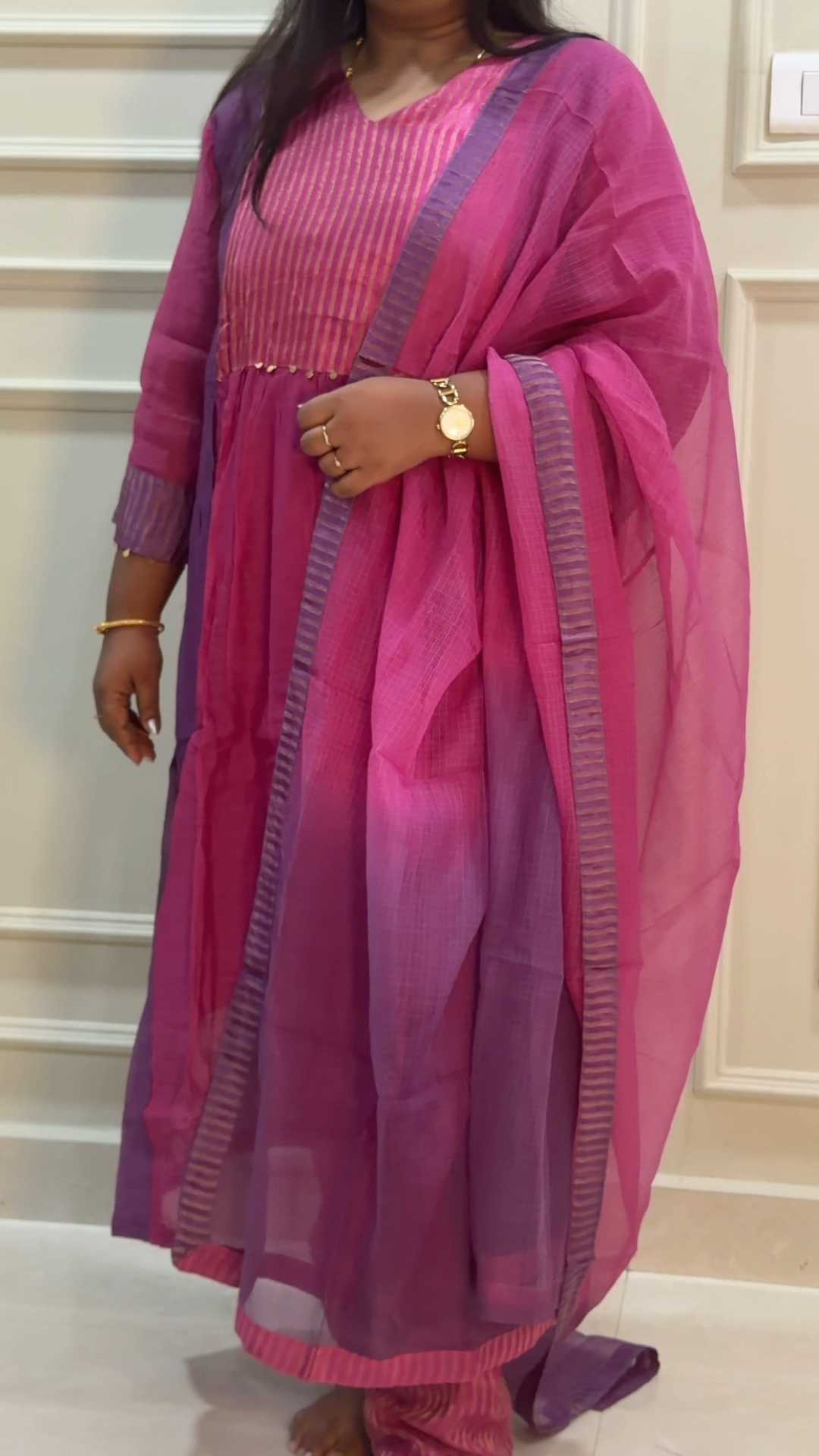 NEELA TAMARAI- Pink and Purple Mul Chanderi with Silk Woven Yoke With Ombre Kota Dupatta