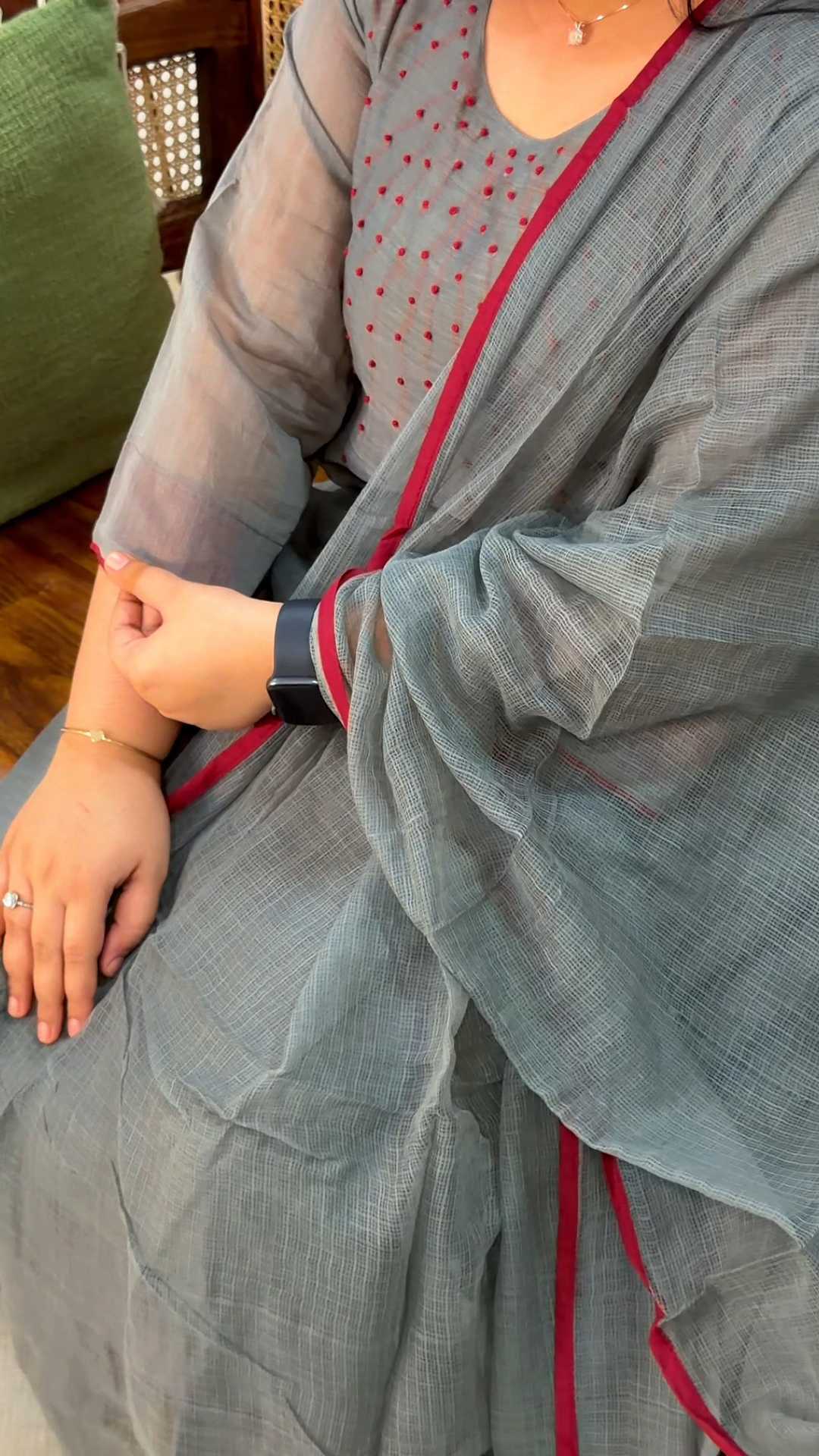 Chaara -Grey Mul Chanderi Salwar Suit | Maroon Knot Embellished Neckline with Kota Dupatta