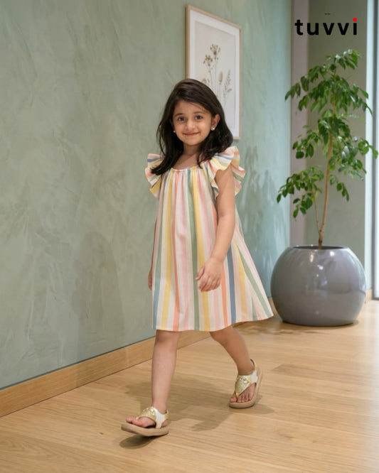 Pastel Rainbow Striped Cotton Dress for Girls (2–8 Years) | Tuvvi