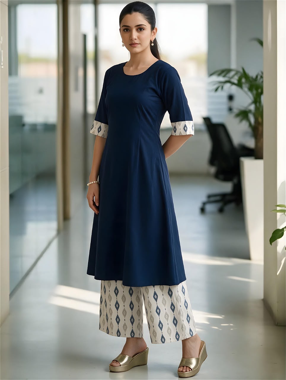 Navy Blue A-Line Kurta with Ikat Palazzo Pants Set for Women | Tuvvi