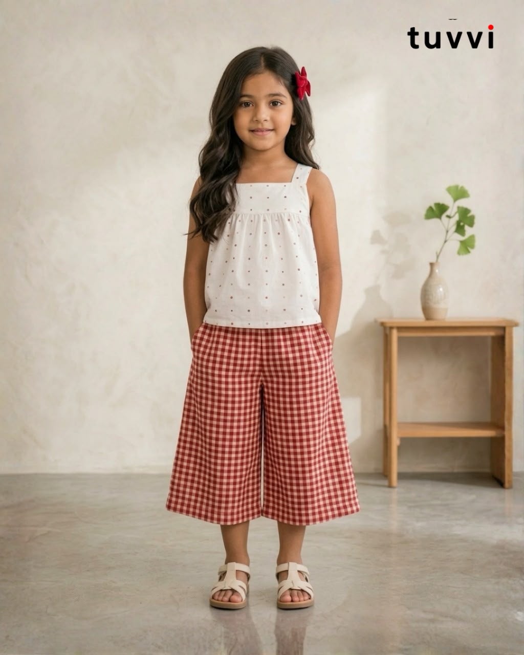 White Top & Red Ikat Checked Culottes Co-ord Set for Girls | Tuvvi