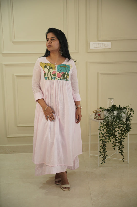 Pure Mull Cotton Kalamkari Yoke Dress – Baby Pink, Double Layered