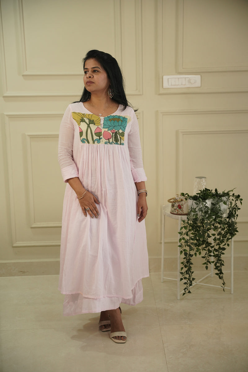 Pure Mull Cotton Kalamkari Yoke Dress – Baby Pink, Double Layered