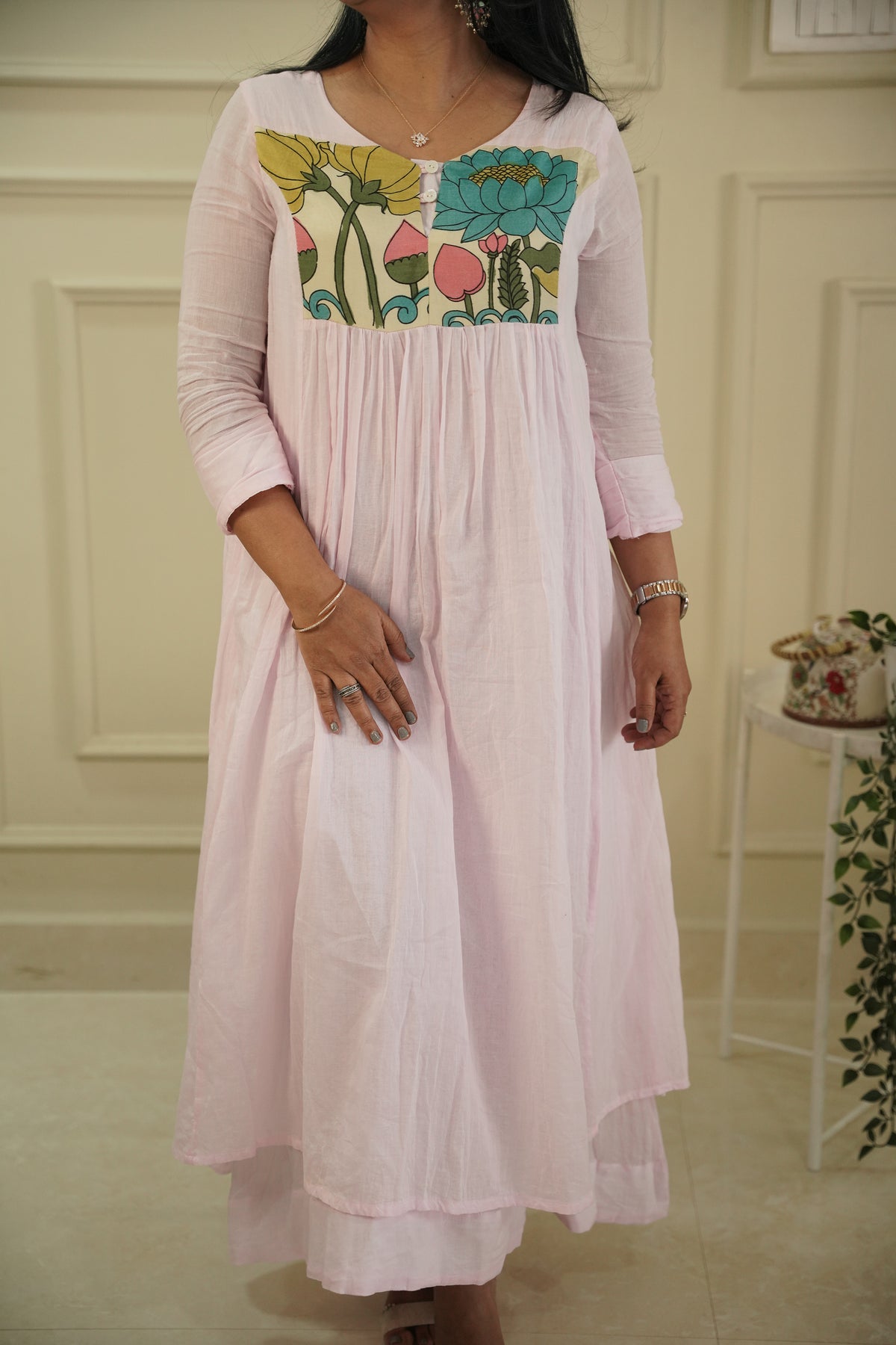 Pure Mull Cotton Kalamkari Yoke Dress – Baby Pink, Double Layered