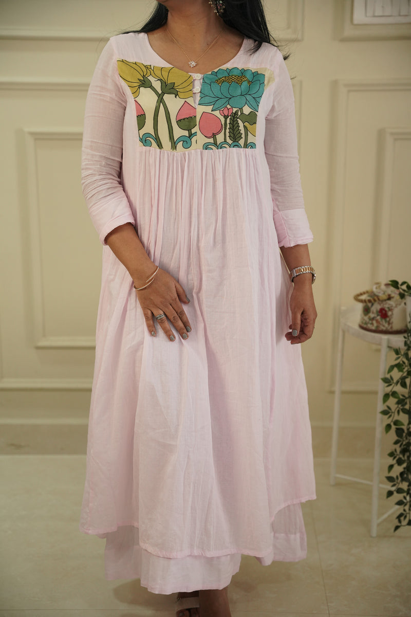 Pure Mull Cotton Kalamkari Yoke Dress – Baby Pink, Double Layered