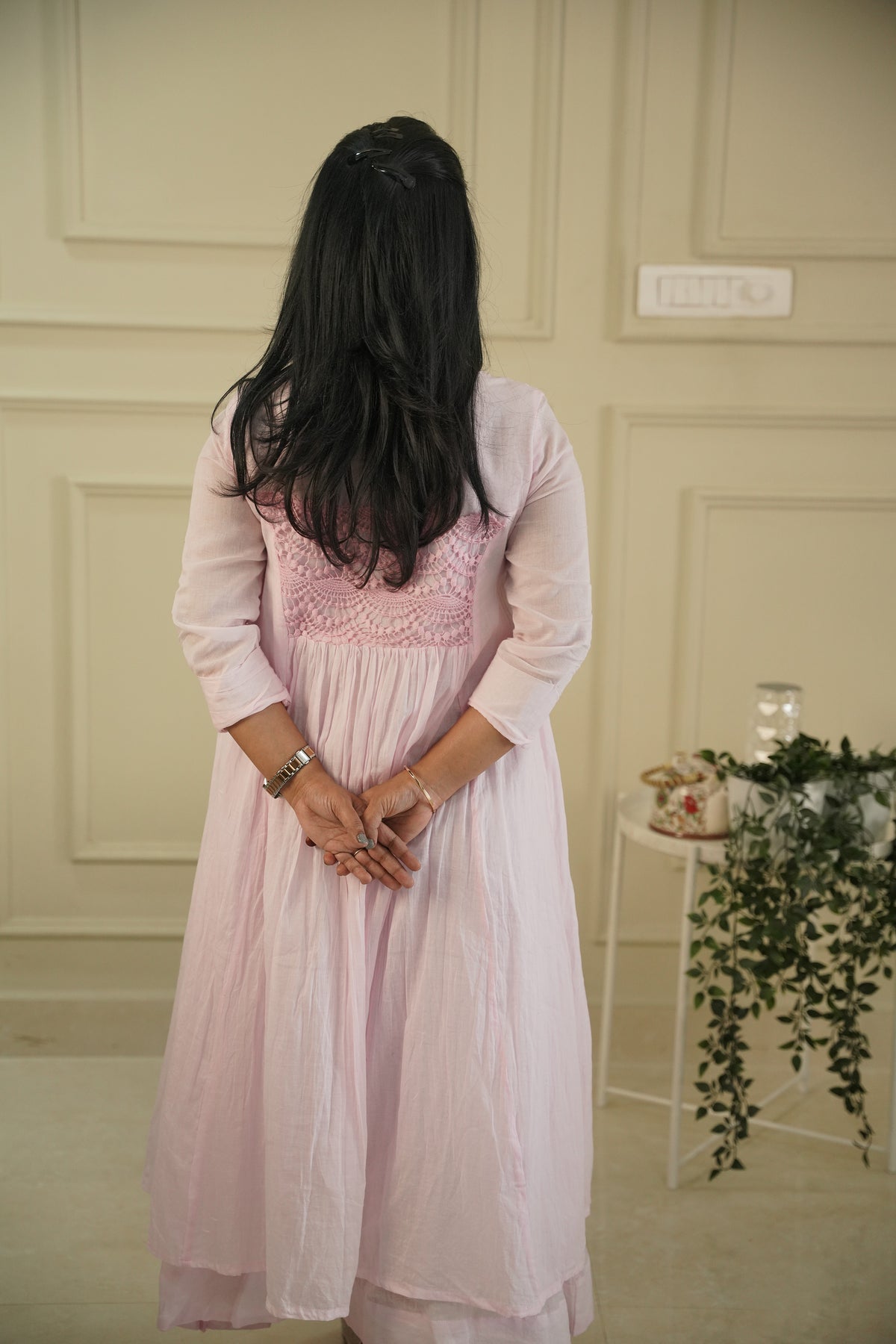 Pure Mull Cotton Kalamkari Yoke Dress – Baby Pink, Double Layered