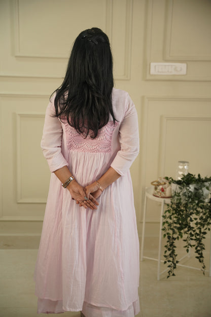 Pure Mull Cotton Kalamkari Yoke Dress – Baby Pink, Double Layered