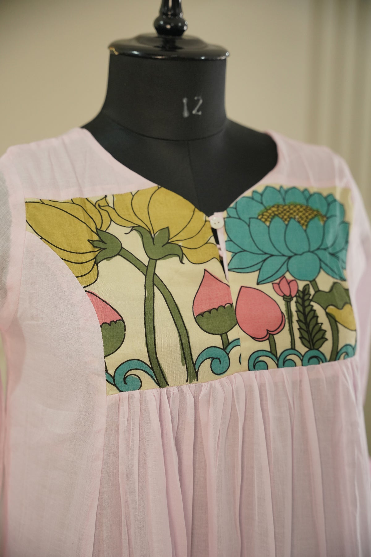 Pure Mull Cotton Kalamkari Yoke Dress – Baby Pink, Double Layered