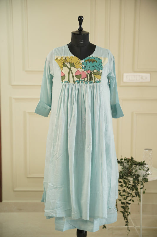 Pure Mull Cotton Kalamkari Yoke Dress – Aqua Blue, Double Layered