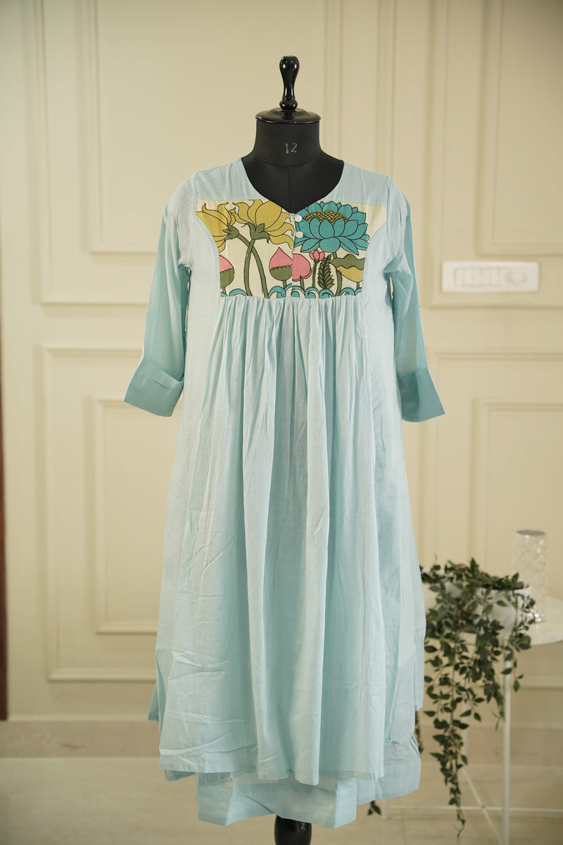 Pure Mull Cotton Kalamkari Yoke Dress – Aqua Blue, Double Layered
