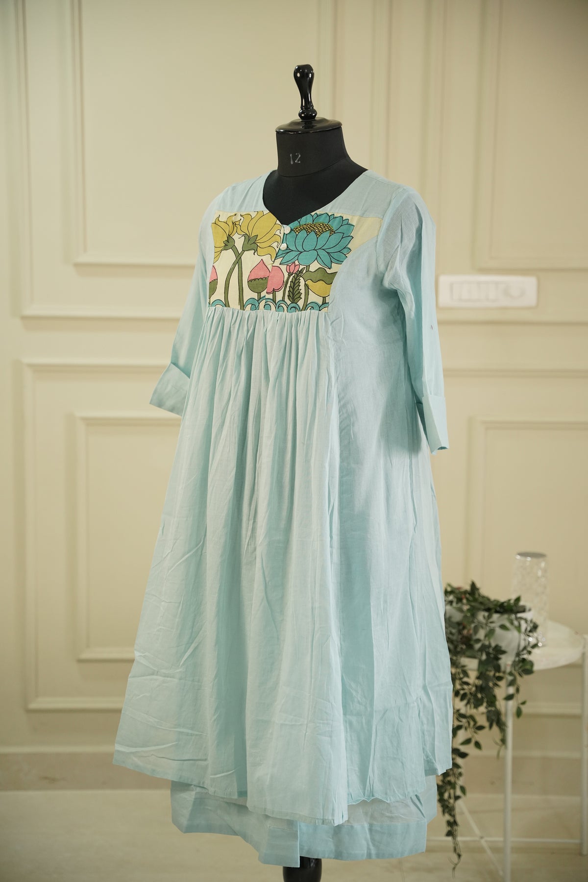 Pure Mull Cotton Kalamkari Yoke Dress – Aqua Blue, Double Layered