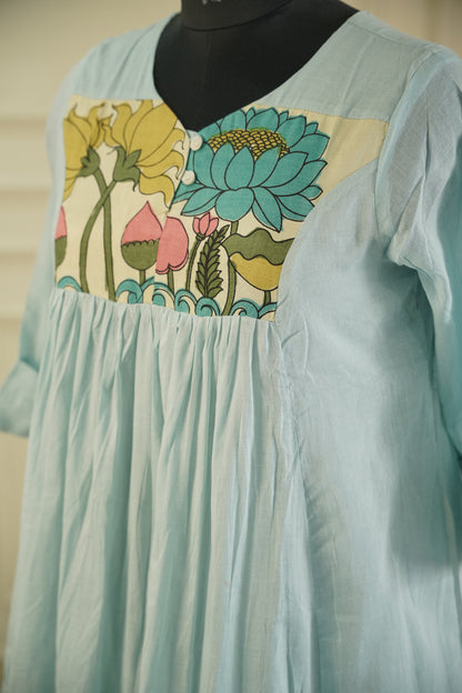 Pure Mull Cotton Kalamkari Yoke Dress – Aqua Blue, Double Layered