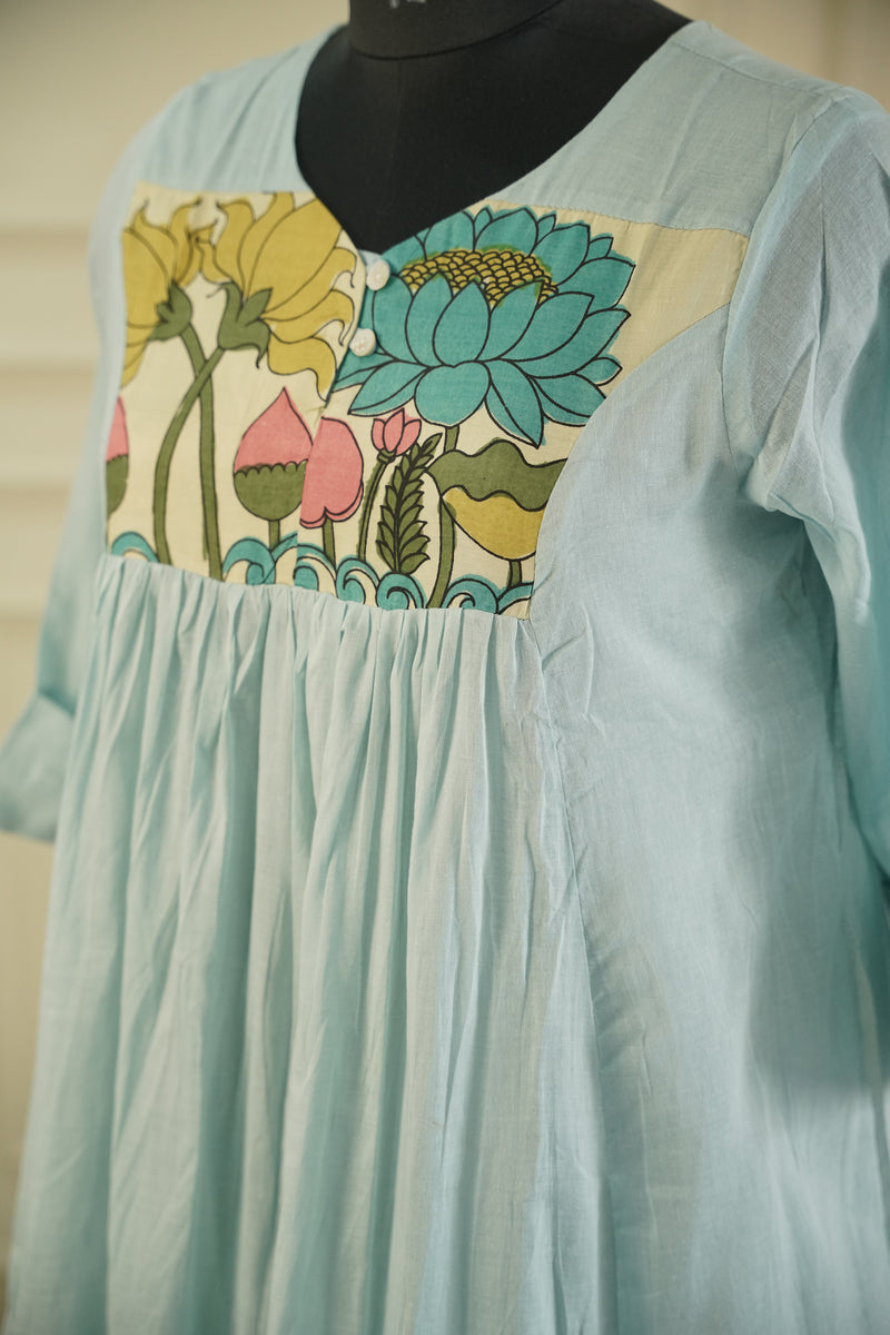 Pure Mull Cotton Kalamkari Yoke Dress – Aqua Blue, Double Layered