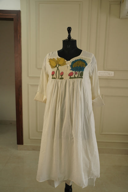 Pure Mull Cotton Kalamkari Yoke Dress – Off-White, Double Layered.