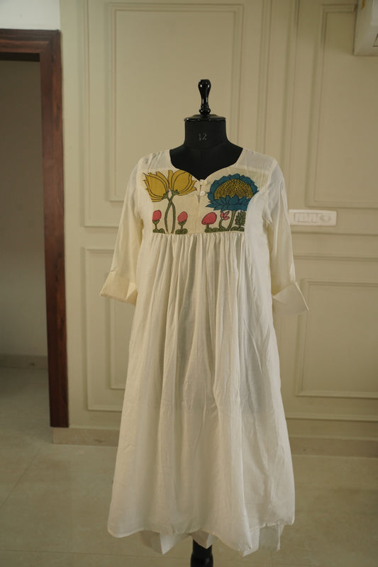 Pure Mull Cotton Kalamkari Yoke Dress – Off-White, Double Layered.