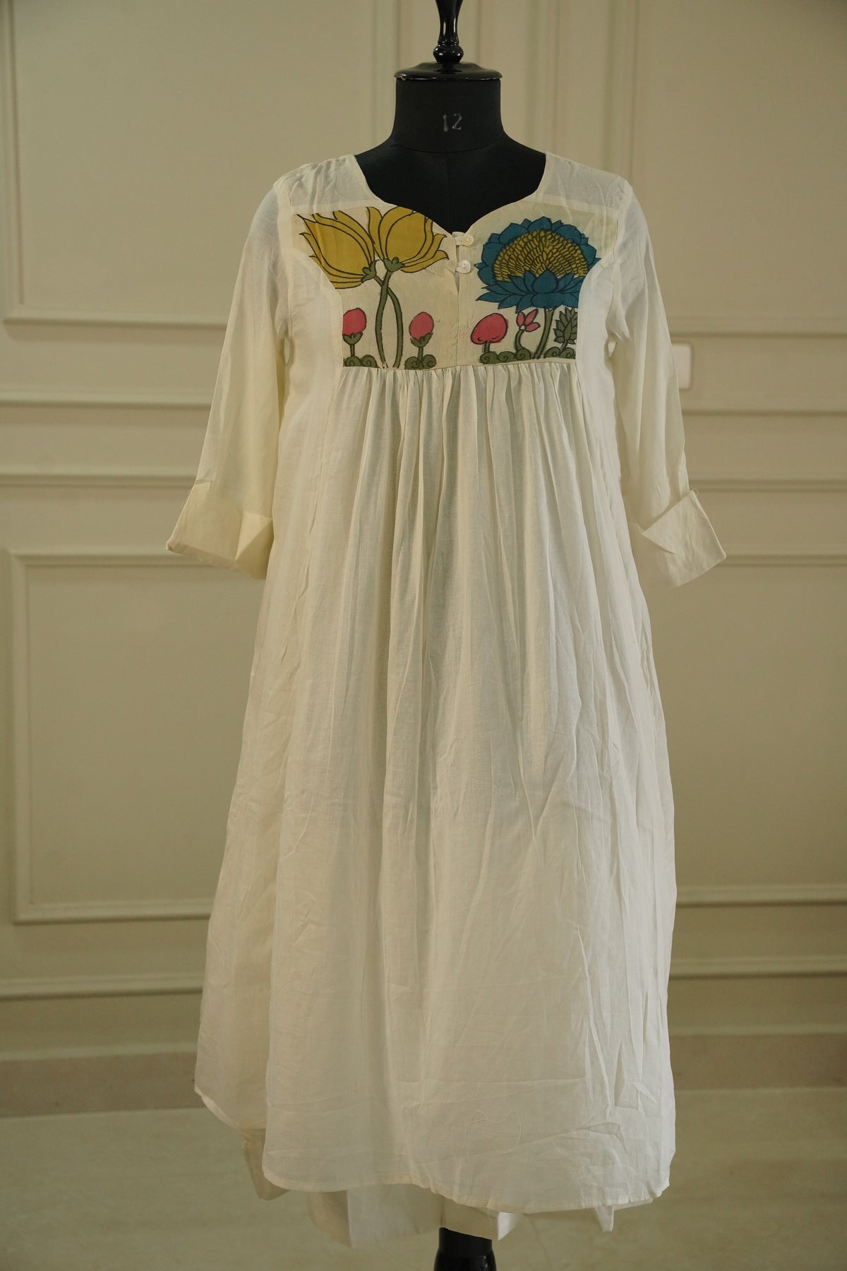 Pure Mull Cotton Kalamkari Yoke Dress – Off-White, Double Layered.