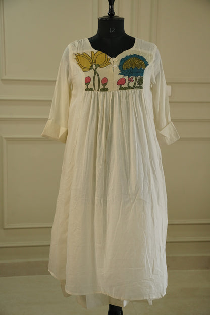 Pure Mull Cotton Kalamkari Yoke Dress – Off-White, Double Layered.