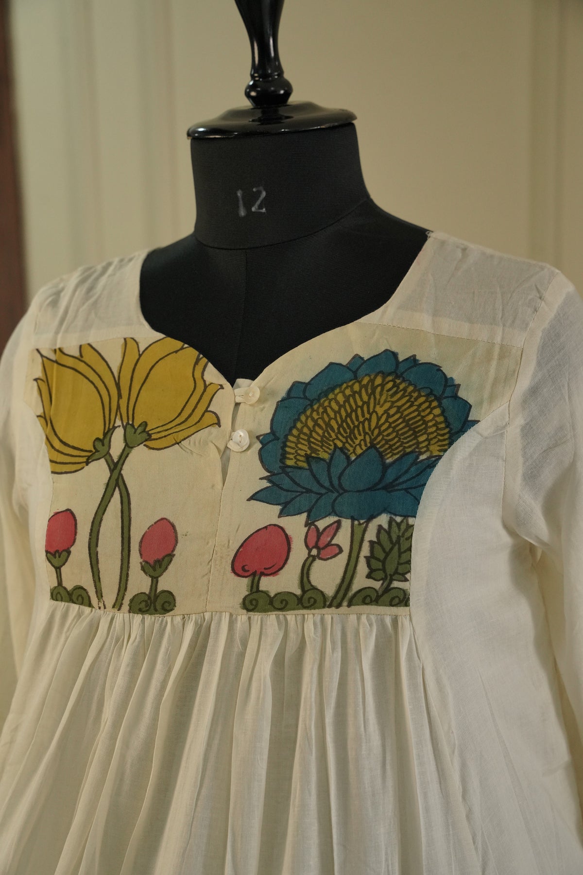 Pure Mull Cotton Kalamkari Yoke Dress – Off-White, Double Layered.