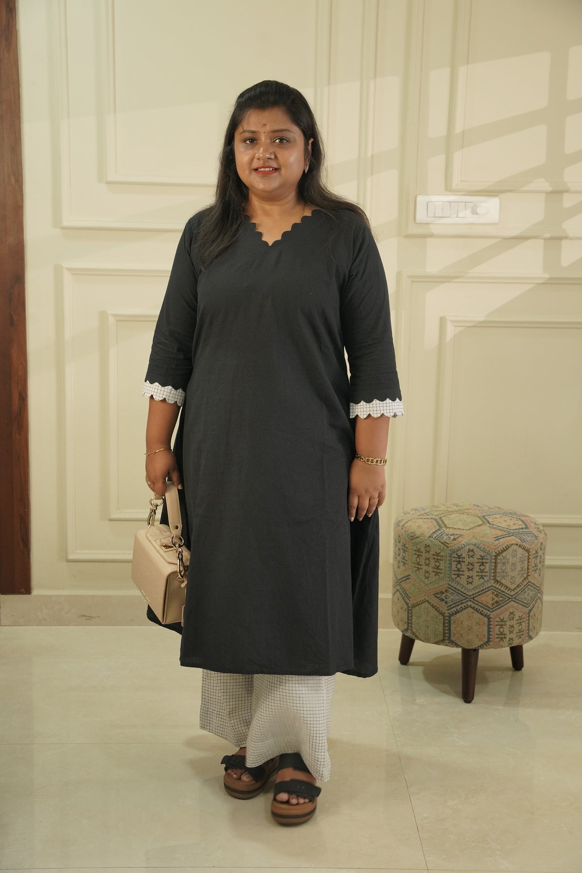 Black Scallop V-Neck Cotton Kurta with White Checked Ikat Pants | Co-ord SeT