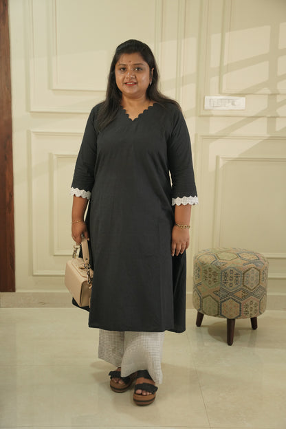 Black Scallop V-Neck Cotton Kurta with White Checked Ikat Pants | Co-ord SeT