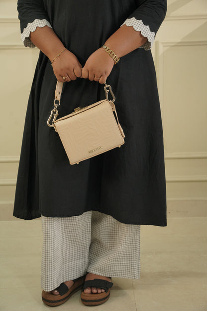 Black Scallop V-Neck Cotton Kurta with White Checked Ikat Pants | Co-ord SeT