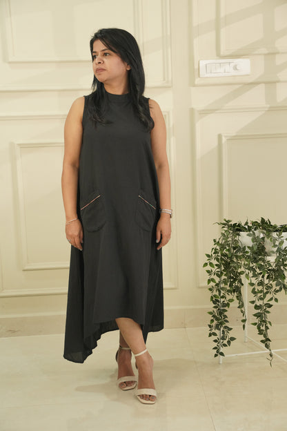 Black Sleeveless High-Low A-Line Dress with Kalamkari Print Cotton Pants | 2-Piece Co-ord Set