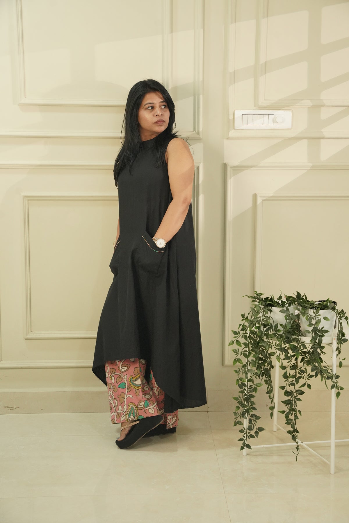 Black Sleeveless High-Low A-Line Dress with Kalamkari Print Cotton Pants | 2-Piece Co-ord Set