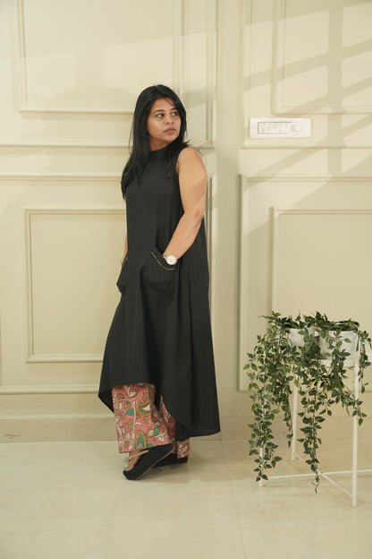 Black Sleeveless High-Low A-Line Dress with Kalamkari Print Cotton Pants | 2-Piece Co-ord Set