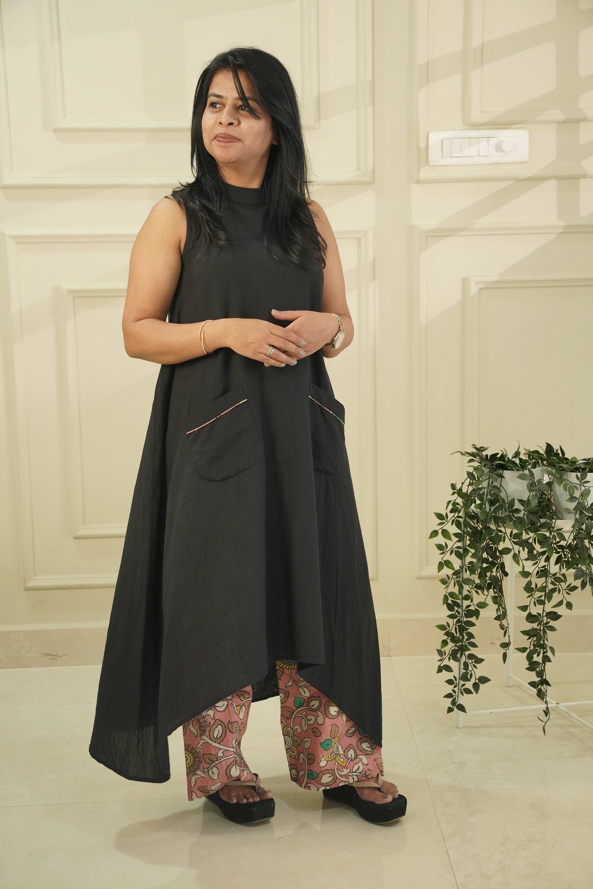 Black Sleeveless High-Low A-Line Dress with Kalamkari Print Cotton Pants | 2-Piece Co-ord Set