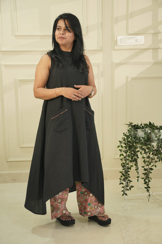 Black Sleeveless High-Low A-Line Dress with Kalamkari Print Cotton Pants | 2-Piece Co-ord Set