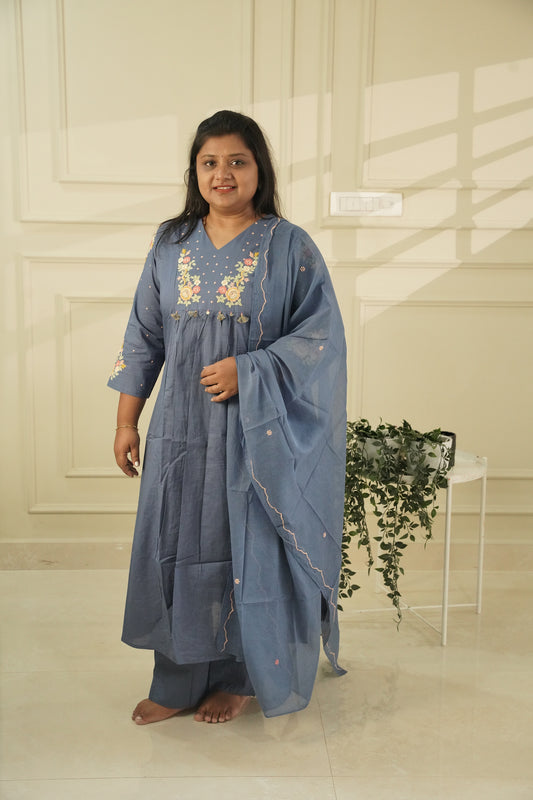 Powder Blue Embroidered Pure Cotton Kurta Set with Dupatta | 3-Piece Salwar Suit