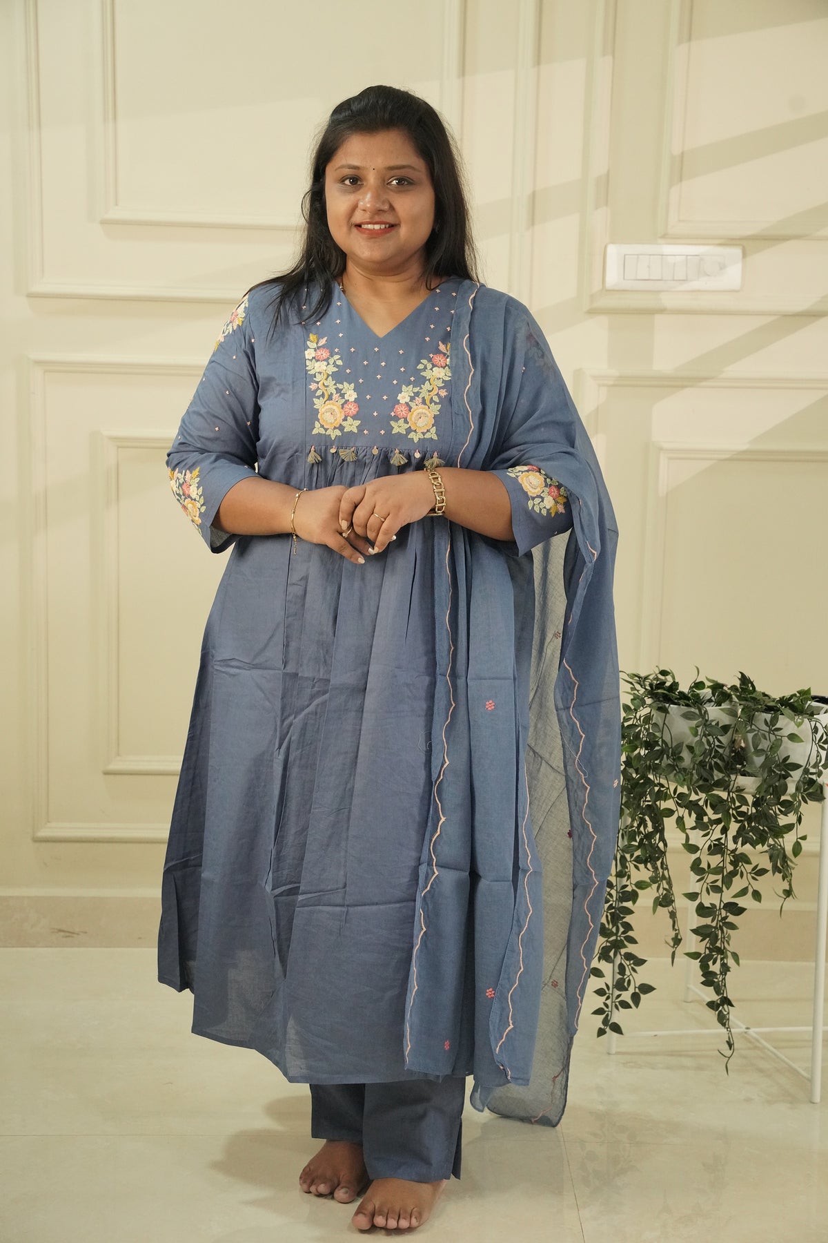 Powder Blue Embroidered Pure Cotton Kurta Set with Dupatta | 3-Piece Salwar Suit