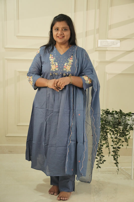 Powder Blue Embroidered Pure Cotton Kurta Set with Dupatta | 3-Piece Salwar Suit