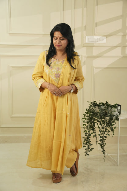 Sunshine Yellow Embroidered Mull Cotton Salwar Suit with Dupatta | 3-Piece Set