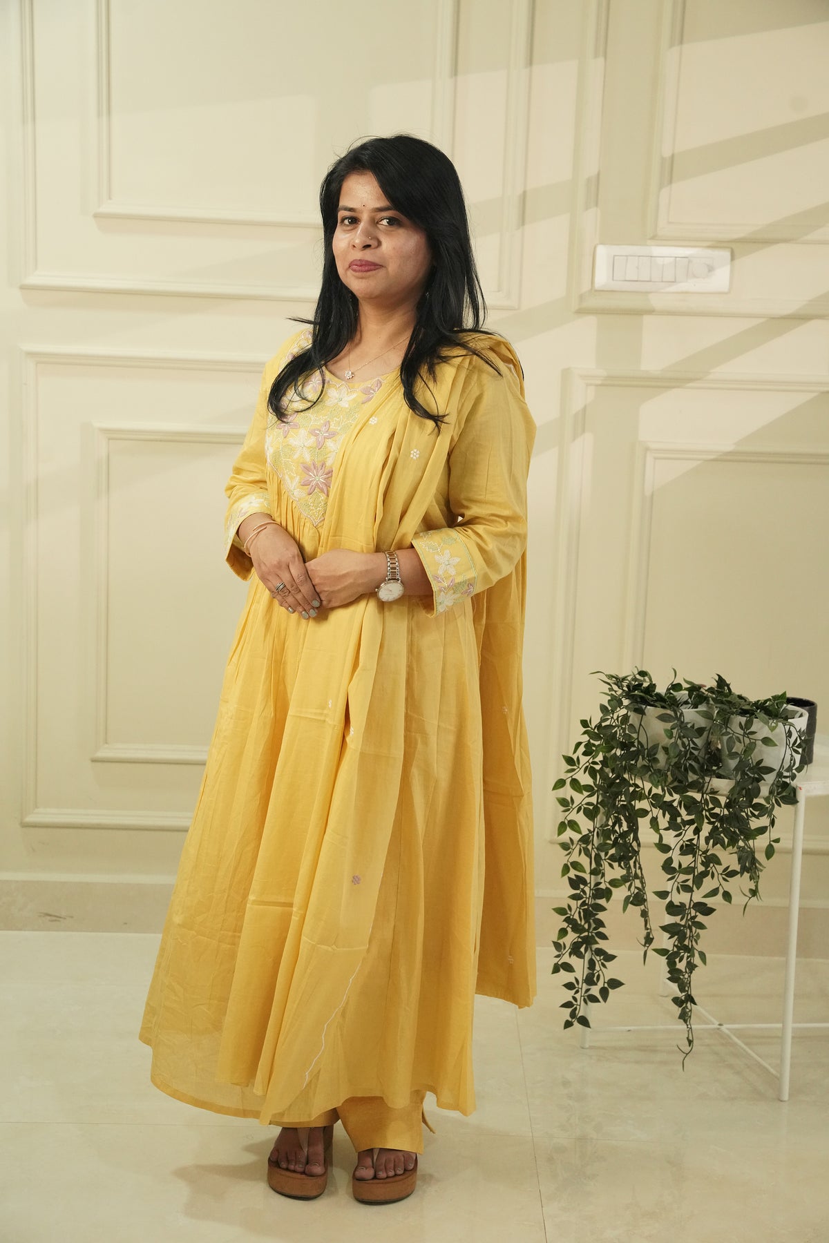 Sunshine Yellow Embroidered Mull Cotton Salwar Suit with Dupatta | 3-Piece Set