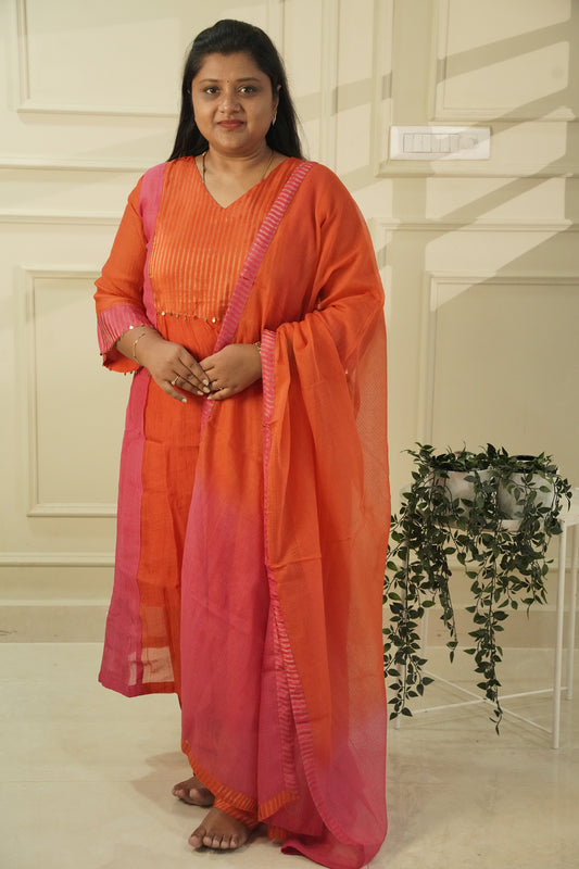 Sindraa - Bright Orange & Pink Crushed Mul Chanderi Salwar Suit with Silk-Woven Yoke