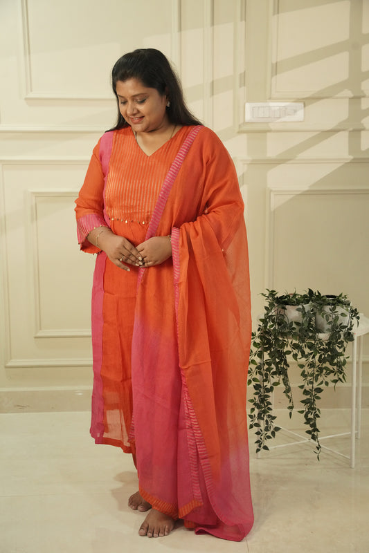 Sindraa - Bright Orange & Pink Crushed Mul Chanderi Salwar Suit with Silk-Woven Yoke