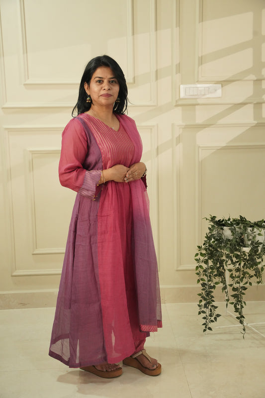 NEELA TAMARAI- Pink and Purple Mul Chanderi with Silk Woven Yoke With Ombre Kota Dupatta