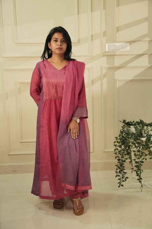 NEELA TAMARAI- Pink and Purple Mul Chanderi with Silk Woven Yoke With Ombre Kota Dupatta