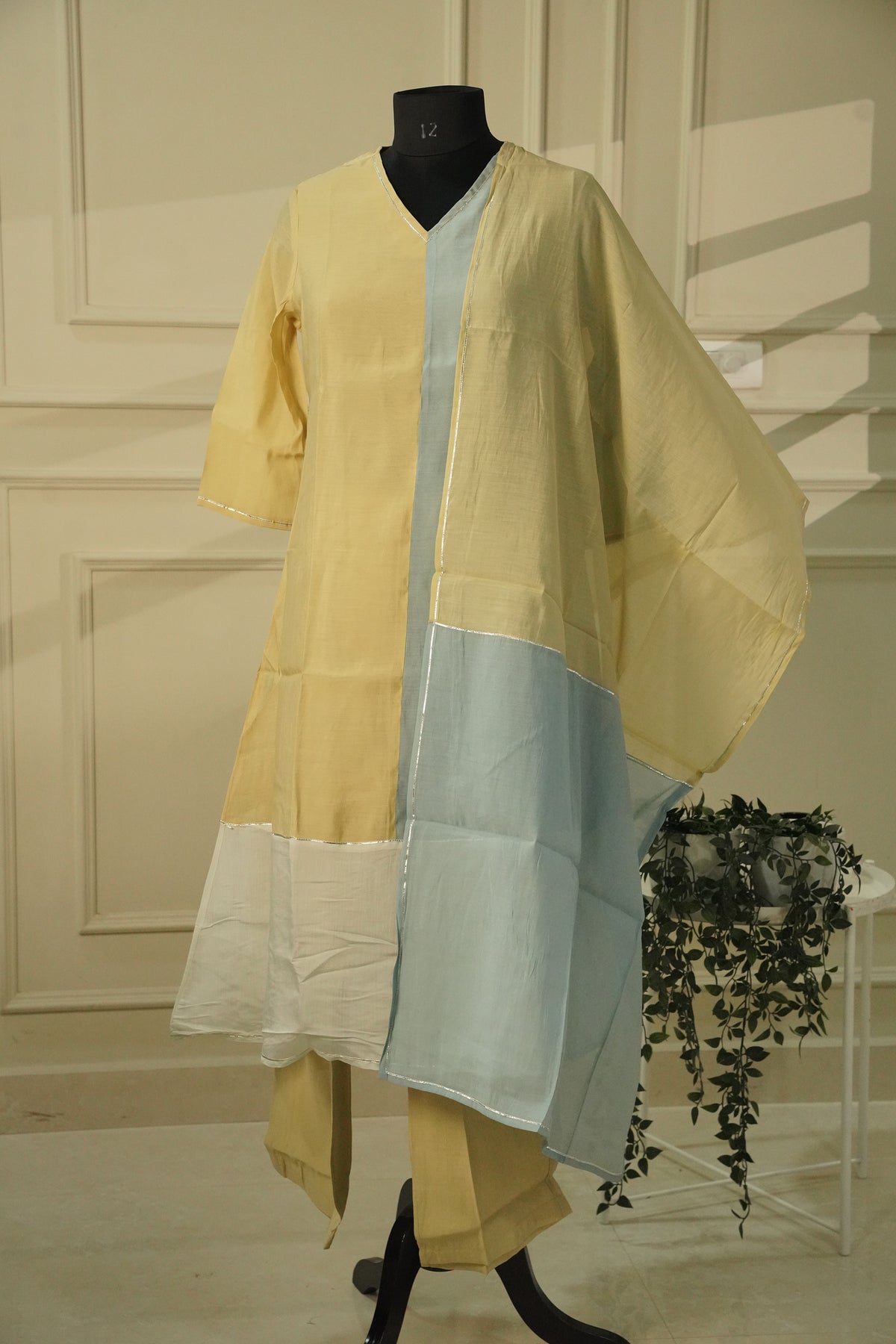 Yellow & Sky Blue Semi Silk Patchwork Salwar Suit | 3-Piece Set