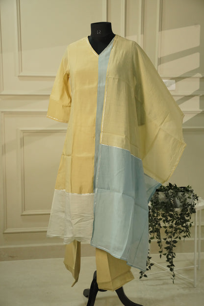 Yellow & Sky Blue Semi Silk Patchwork Salwar Suit | 3-Piece Set