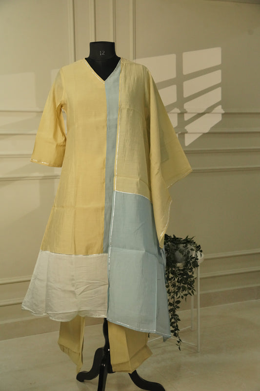 Yellow & Sky Blue Semi Silk Patchwork Salwar Suit | 3-Piece Set