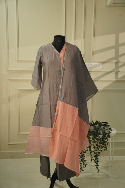 Grey & Peach Colour Block Salwar Suit | Silk Blend 3-Piece Set