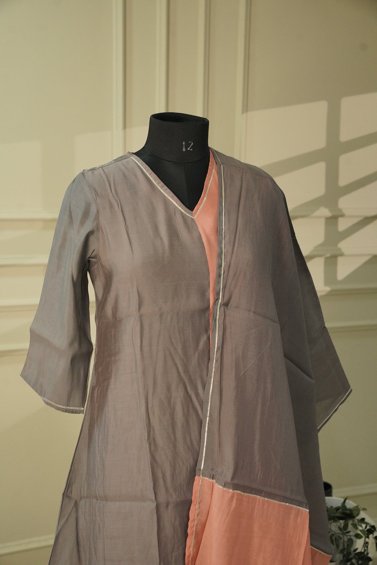 Grey & Peach Colour Block Salwar Suit | Silk Blend 3-Piece Set