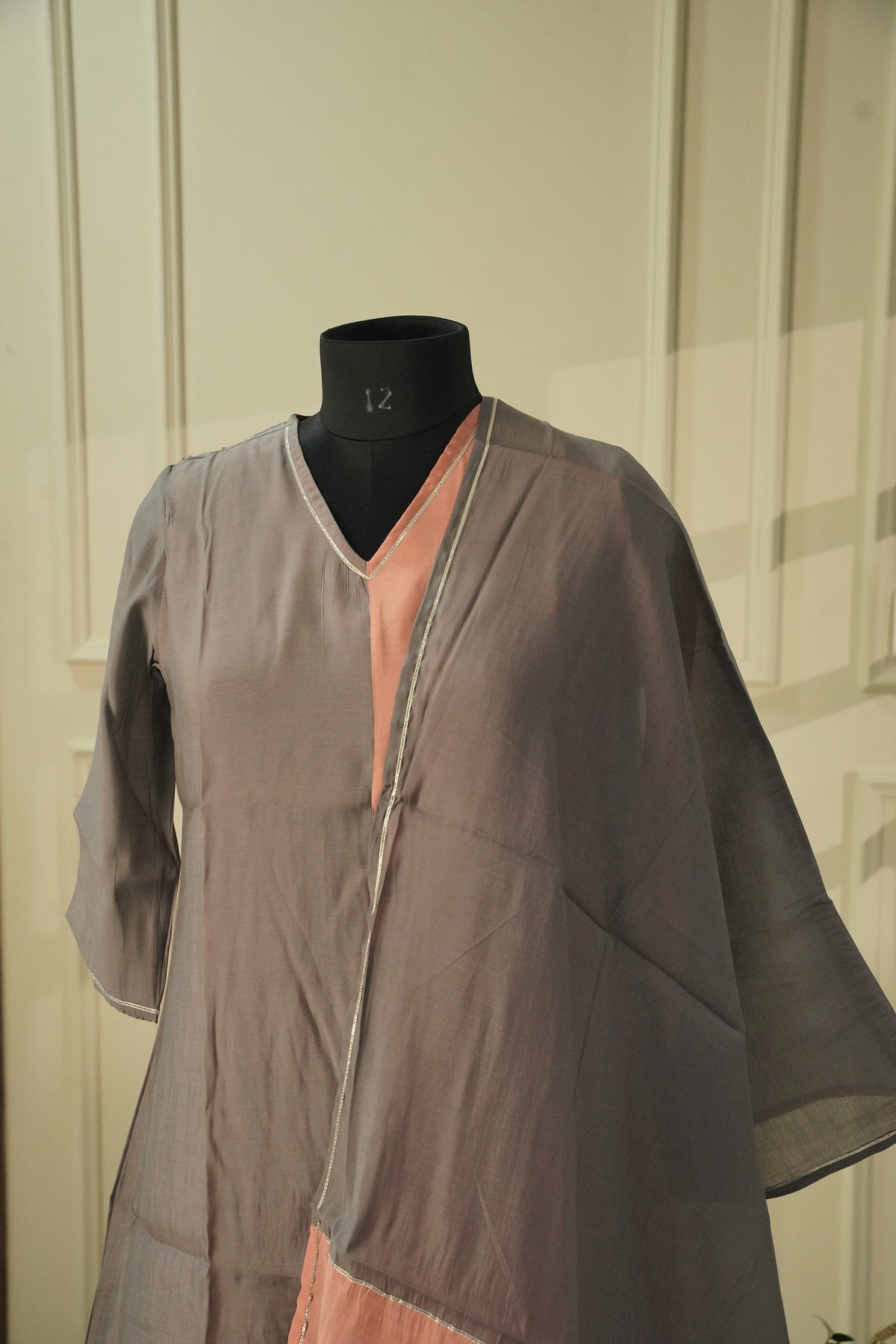 Grey & Peach Colour Block Salwar Suit | Silk Blend 3-Piece Set