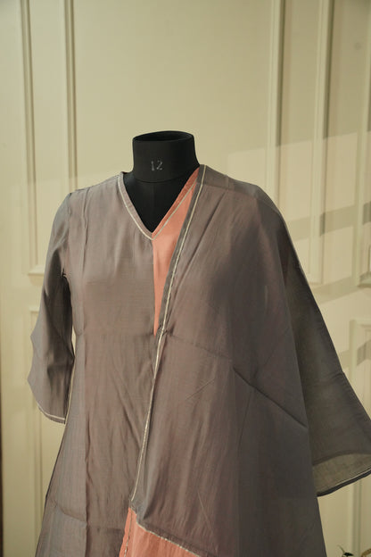 Grey & Peach Colour Block Salwar Suit | Silk Blend 3-Piece Set